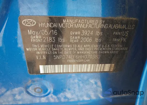 2017 Hyundai Elantra Se from USA, damaged, VIN 5NPD74LF6HH070380